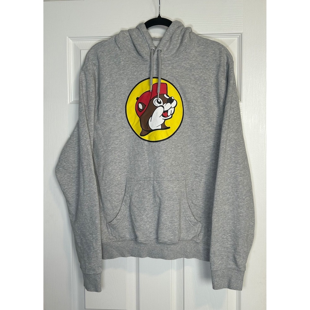 Buc-ee's Hoodie Unisex Large Gray Graphic Beaver Logo Pullover Sweatshirt